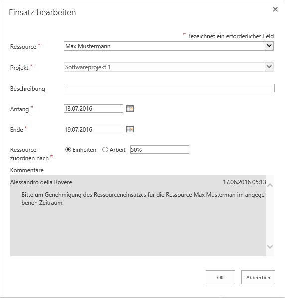 Ressourcenanfrage wird vom Ressourcenmanager abgeändert