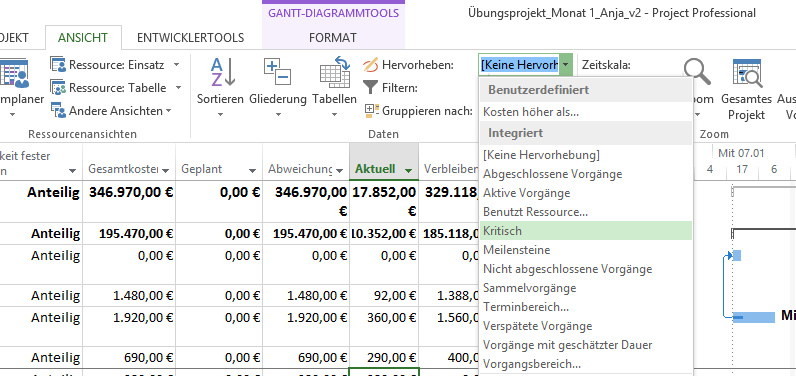 2 Kritischen Pfad hervorheben in MS Project 2013