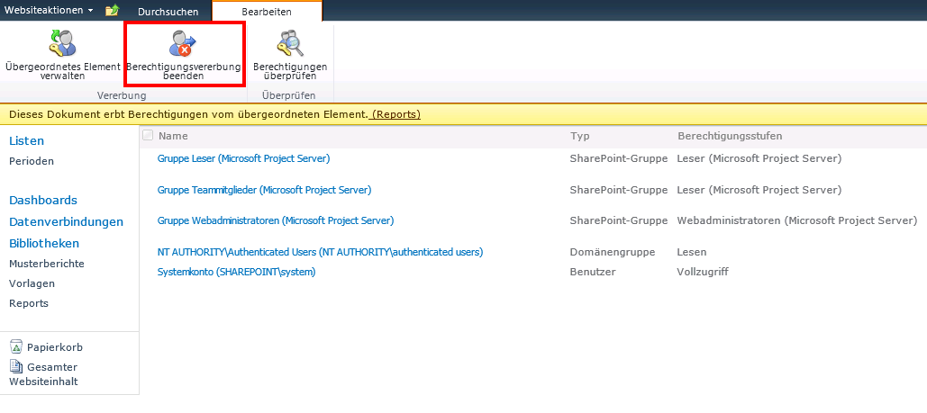 Reportberechtigung Vererbung Project Server 2013