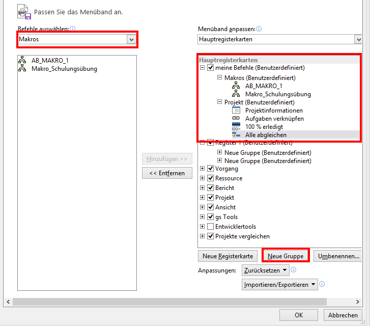 2 eigener ribbon Gruppen MS Project