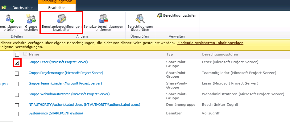 Gruppenberechtigung Reports Project Server