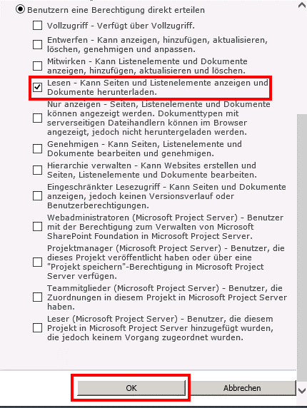 Reportberechtigung Auswahl Project Server 2013