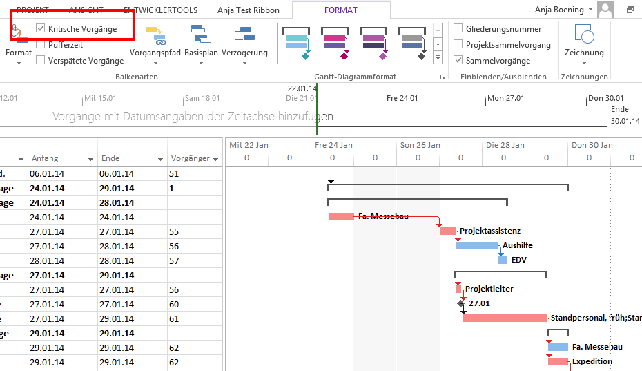 5 Gantt view krit Pfad in MS Project 2013