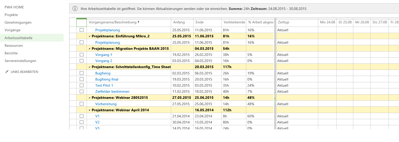 die Arbeitszeittabelle im Project Server