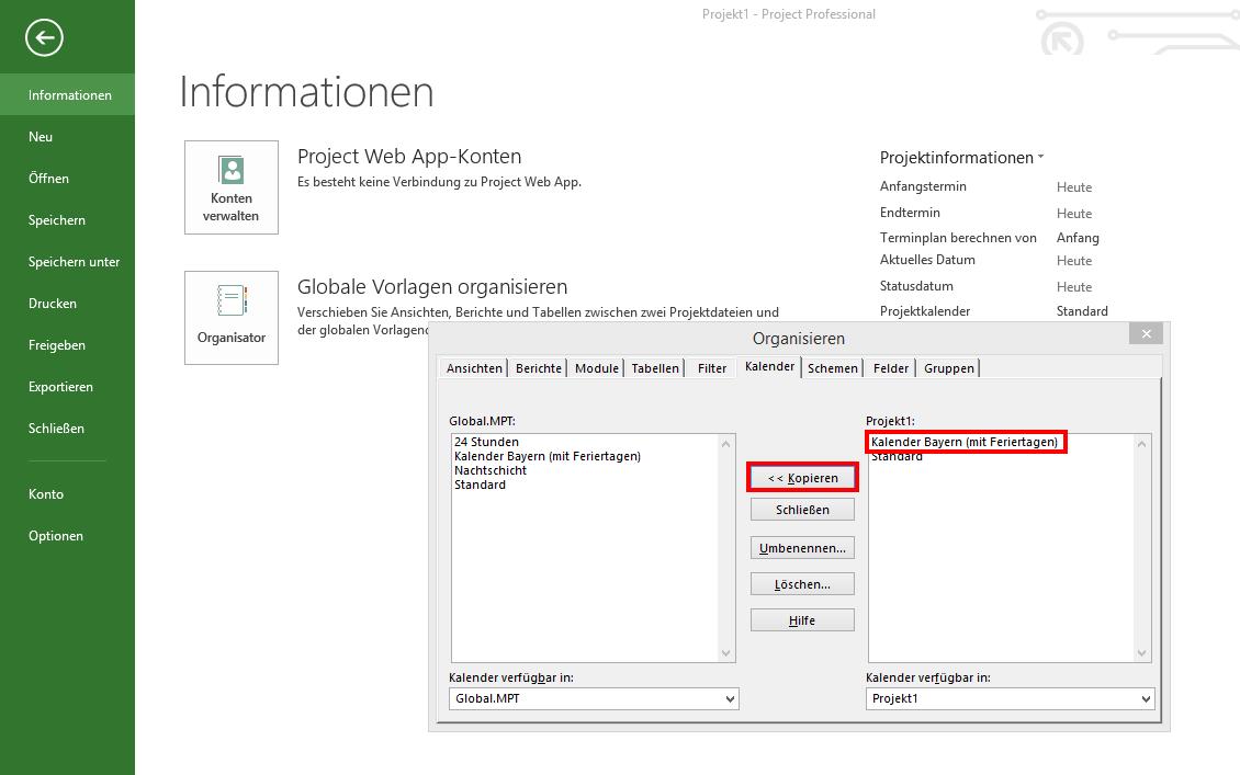 Organisator Kalender MS Project 2013