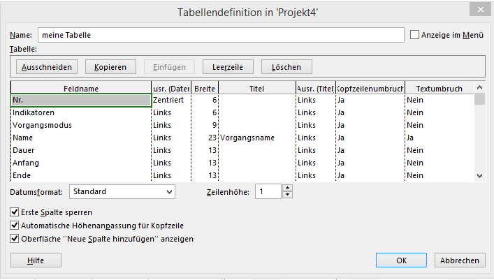 tabelle neu in MS Project 2013