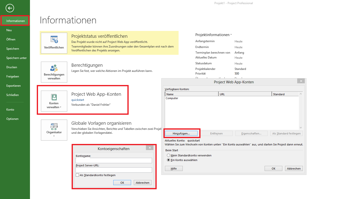 MS Project Pro 2013 mit Server verbinden