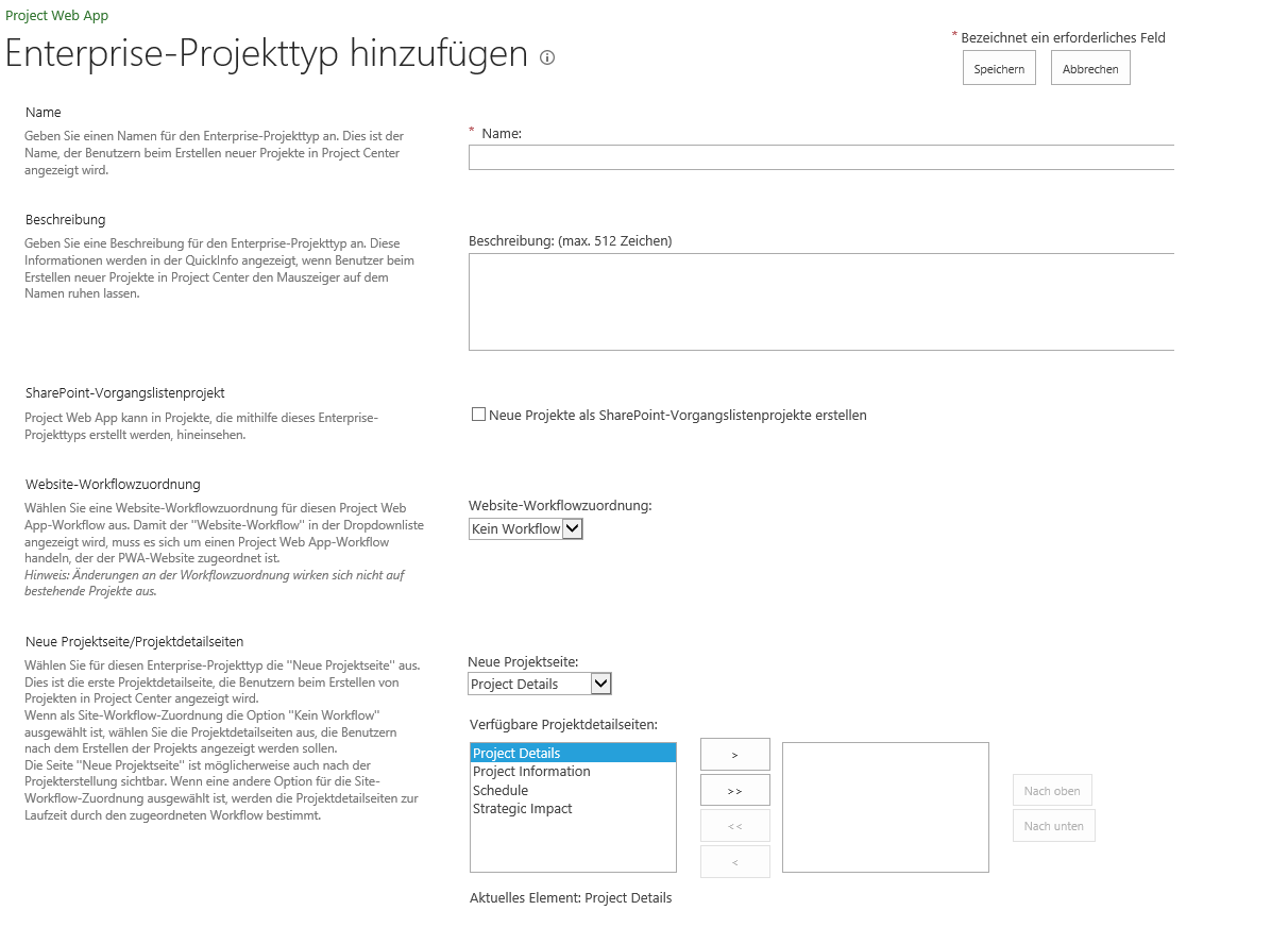 Eisntellungen Projekttyp 1 Ms Project Server 2013