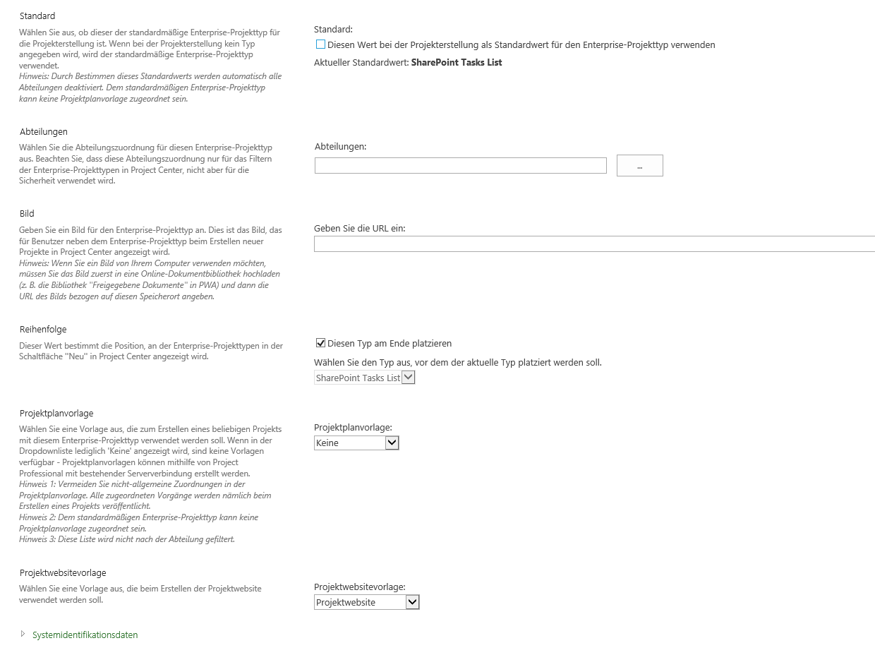 Eisntellungen Projekttyp 2 Ms Project Server 2013
