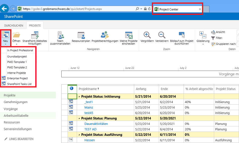 Neues Enterprise Projekt erstellen MS Project Server 2013