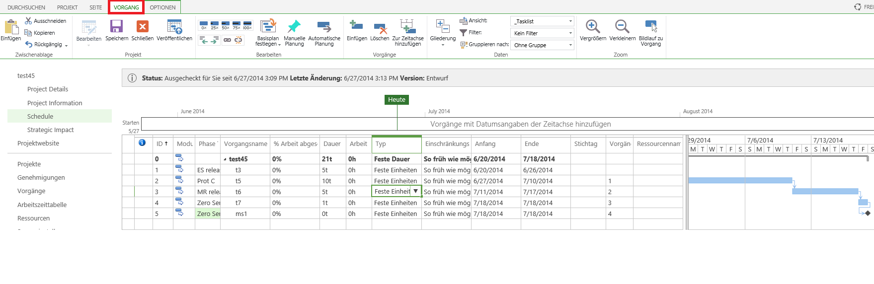 Webplanung Vorgang MS Project 2013