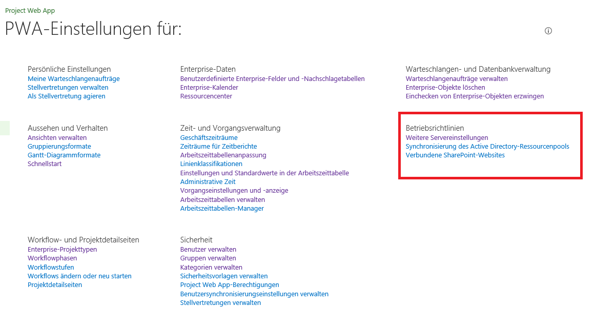 Erweiterte Servereinstellungen in MS Project Server 2013