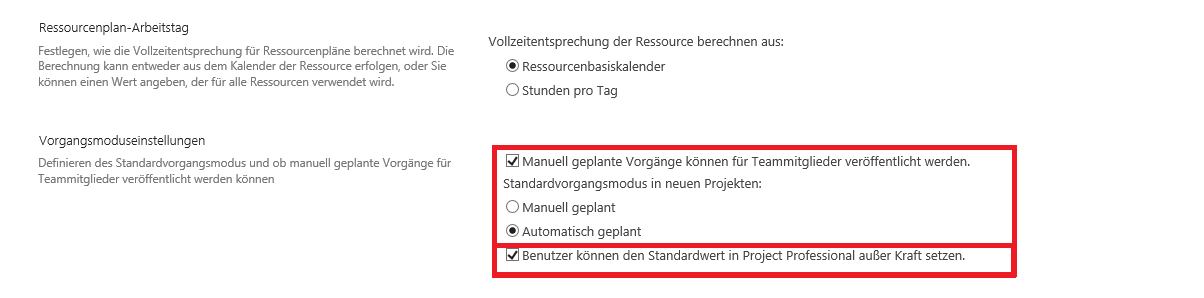 Vorgangsmoduseinstellungen in MS Project Server 2013