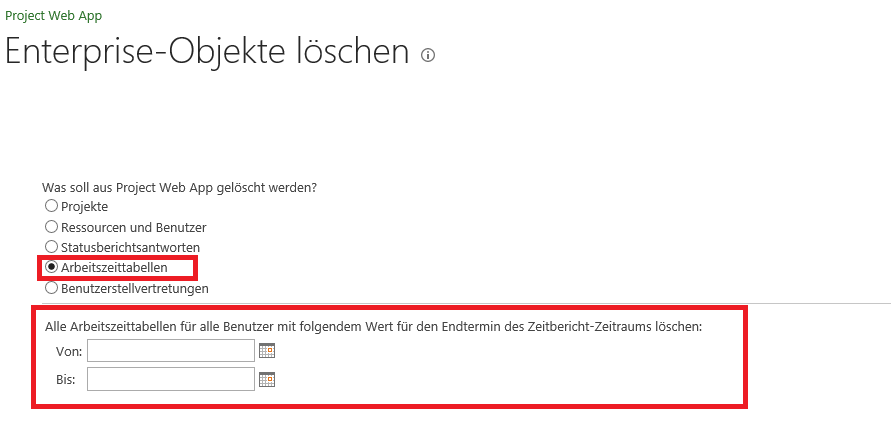Löschen von Arbeitszeittabellen MS Project Server 2013