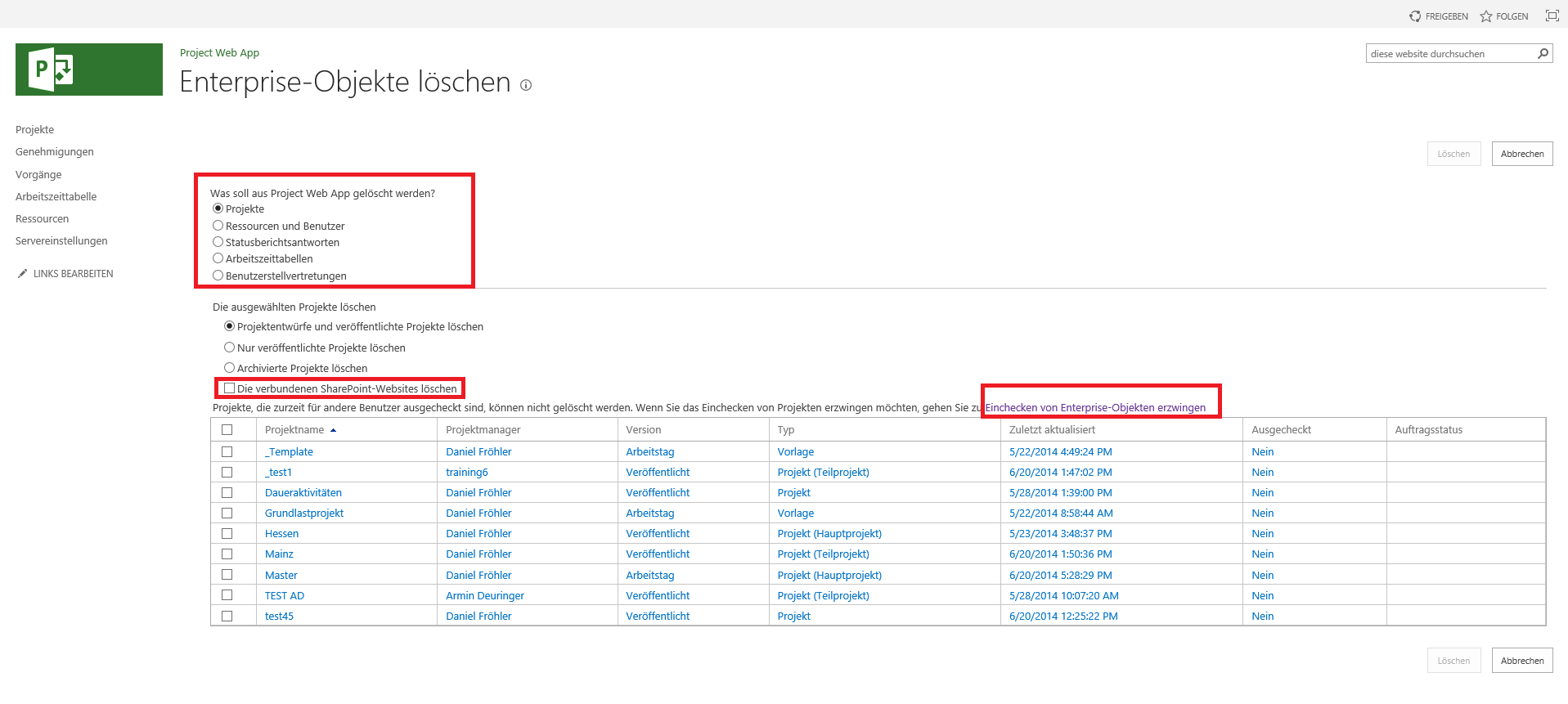 Löschen von Projekten MS Project Server 2013