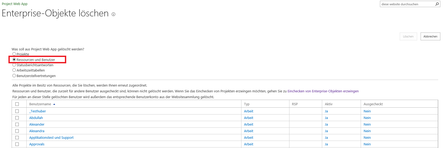 Löschen von Ressourcen und Bernutzern MS Project Server 2013