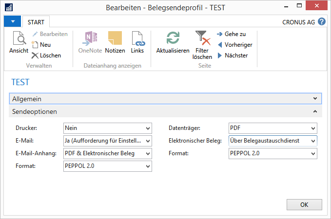 Sendeoptionen für Belegesendeprofil