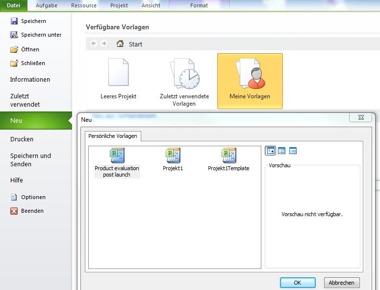 MS Projekt Projektvorlage öffnen