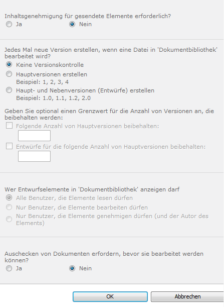 Versionisierungseinstellungen