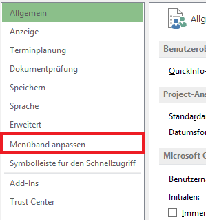 Anpassung des Menübands4  MS Project Professional 2013