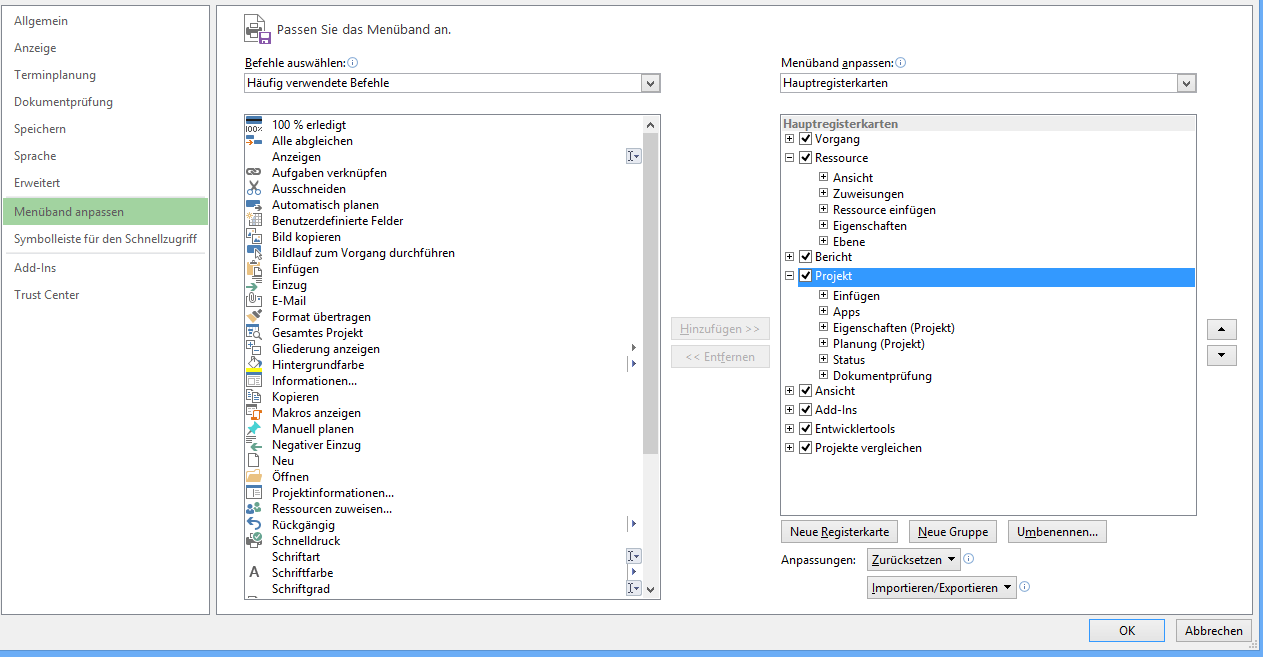 Anpassung des Menübands5  MS Project Professional 2013