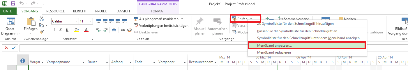 Anpassung des Menübands 1 MS Project Professional 2013