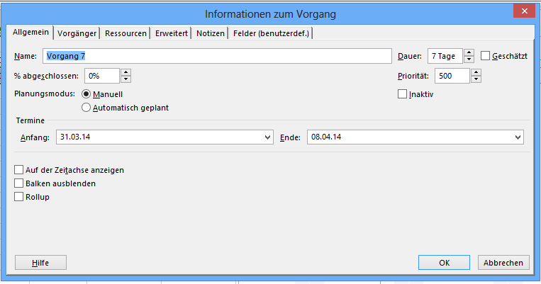 Das Informationen zum Vorgang Fenster 1