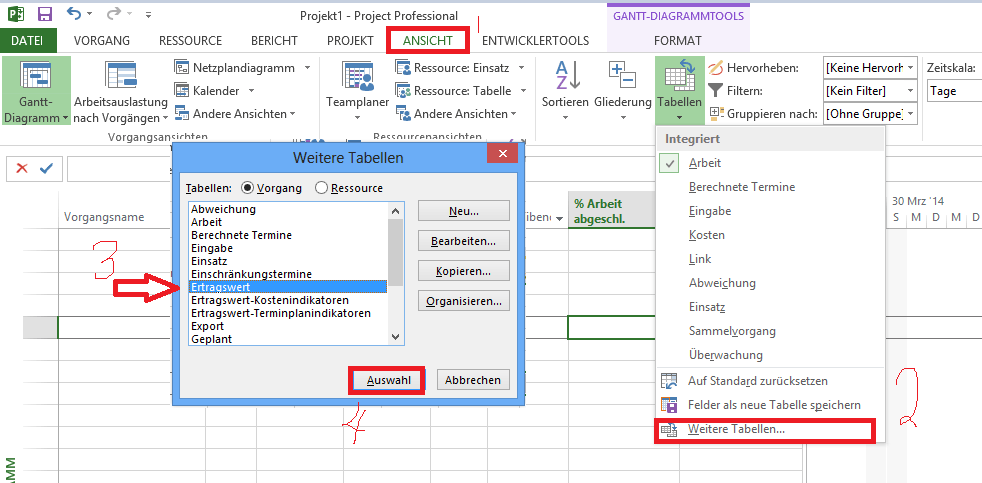 Die Ertragswert Tabelle in Microsoft Project 2013 -1