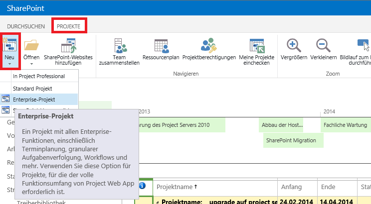Erstellung von neuen Projekten über Project Web App 20132