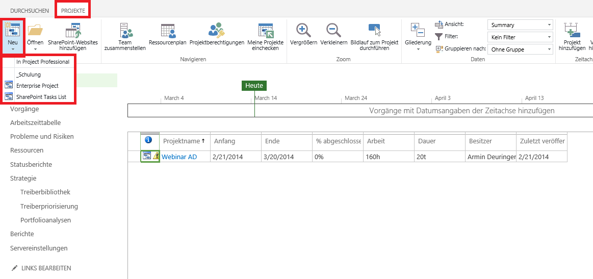 Projektvorlage verwenden Server