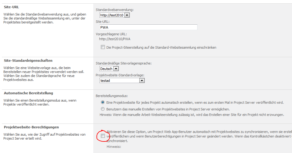 Projectwebsitesynchronisation ausstellen